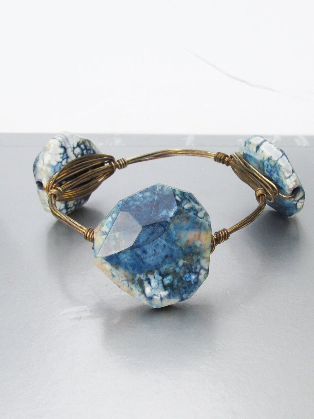 Vintage Chunky Handmade LAPIS LAZULI Vermeil Wire Wrap Cuff Bracelet, Sz Small